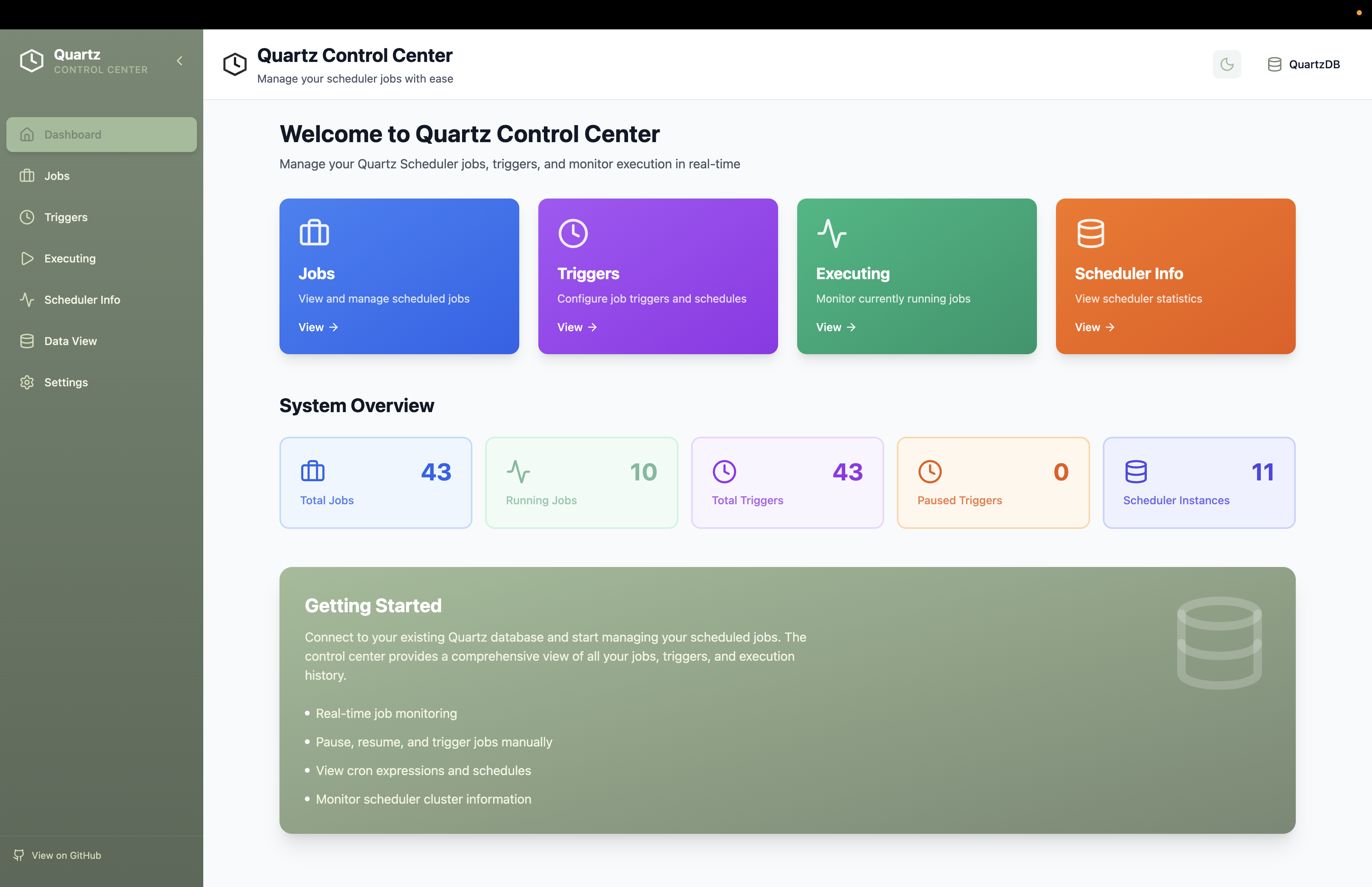 Quartz Control Center Dashboard - Overview of jobs, triggers, and system metrics