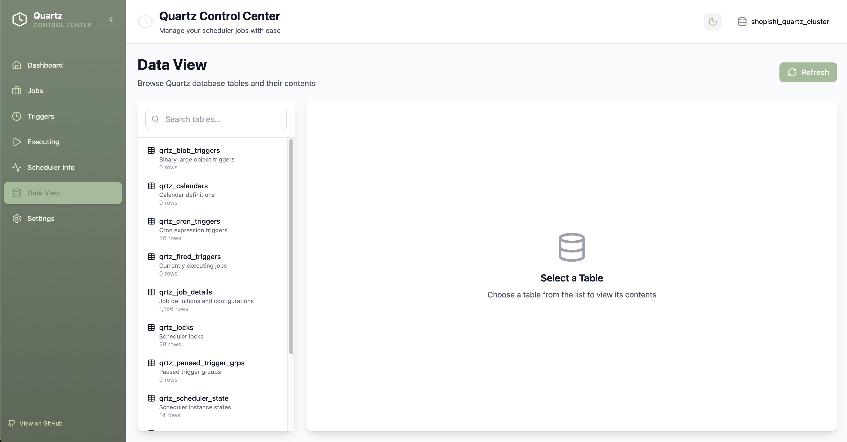 Quartz Control Center Data View - Browse Quartz database tables