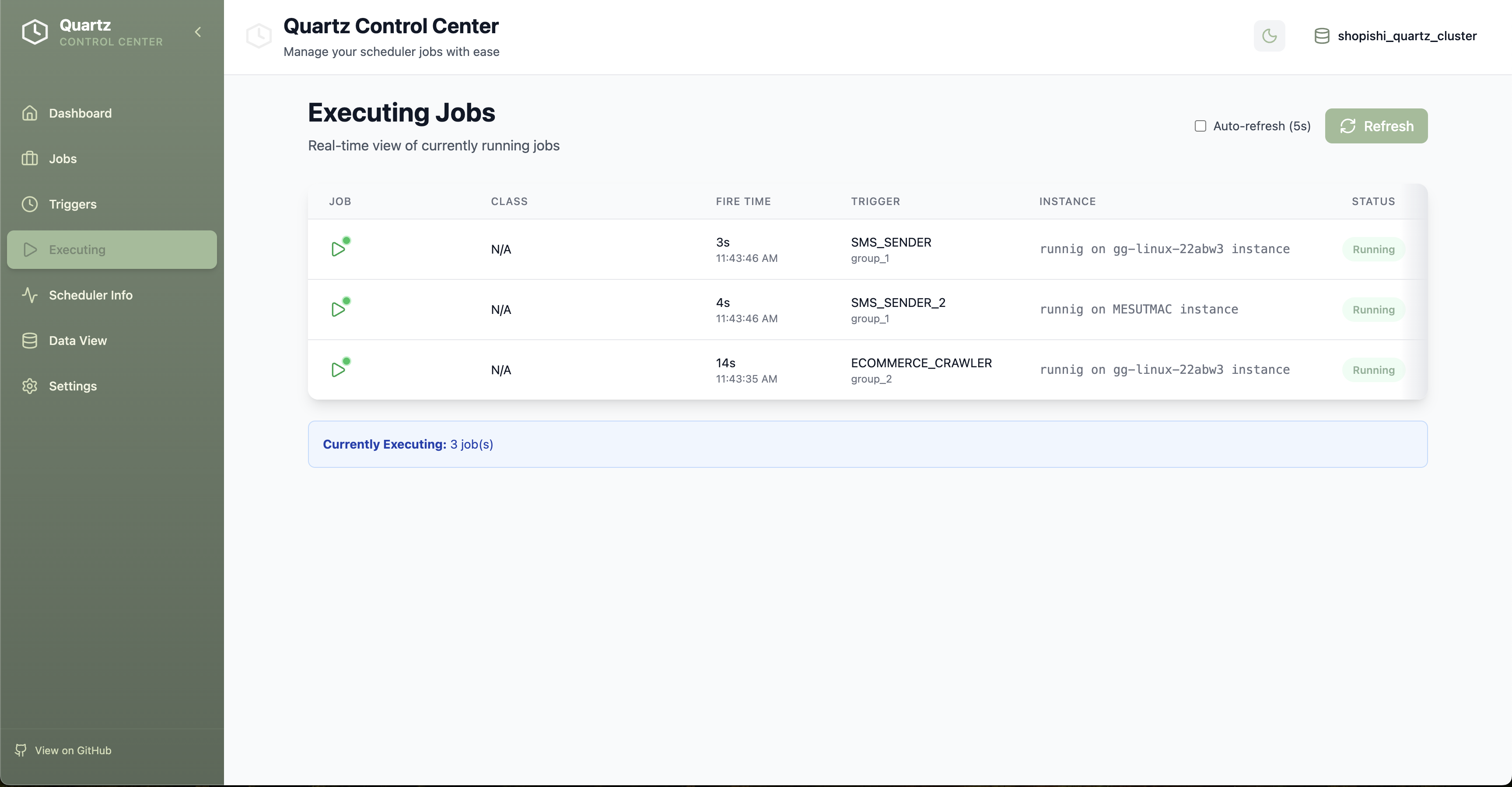 Quartz Control Center Executing Jobs - Real-time view of currently running jobs