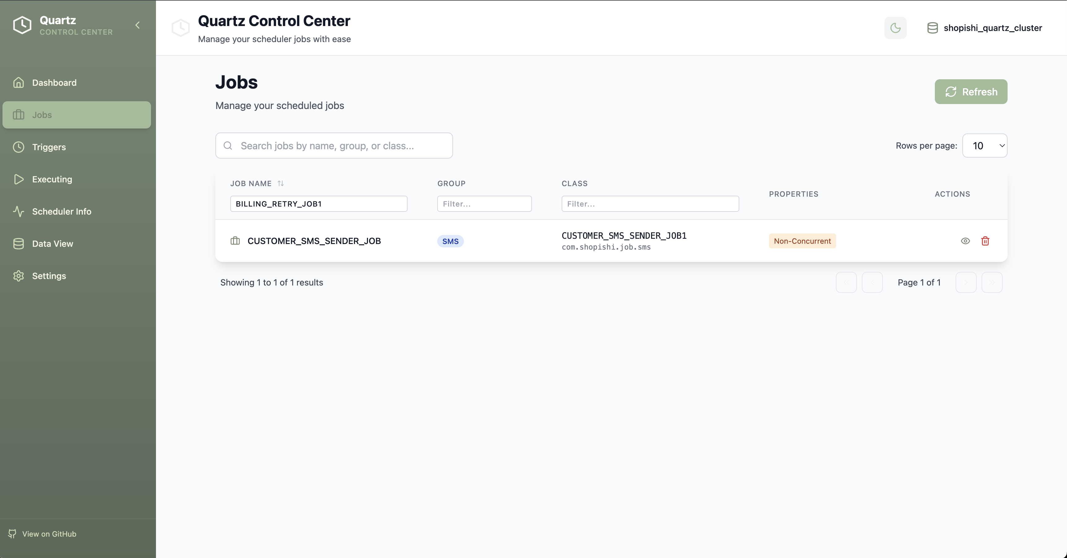 Quartz Control Center Jobs List - View and manage scheduled jobs
